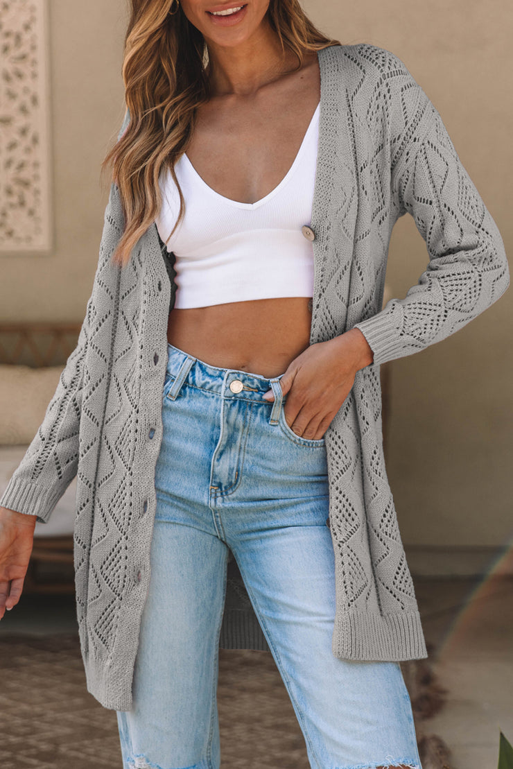Gray Hollow-out Openwork Knit Cardigan