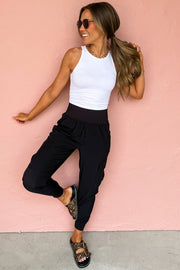 Black Elastic High Waist Pocketed Cargo Joggers
