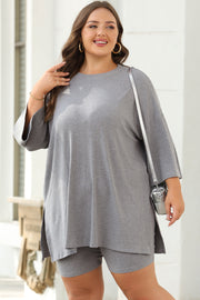 Light Grey Solid Color Loose Tunic Top and Slim Shorts Set