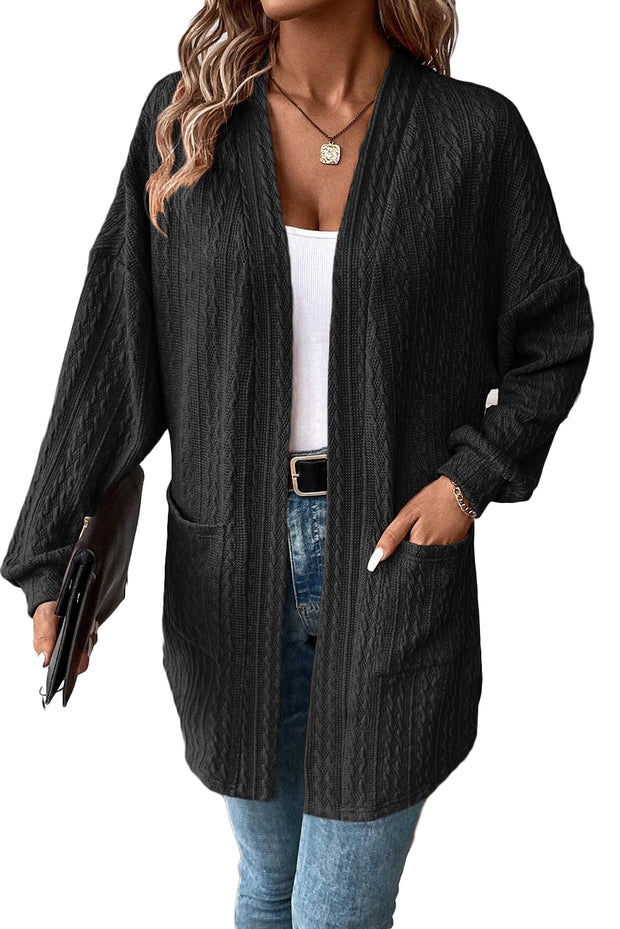 Black Textured Knit Side Pockets Open Front Cardigan