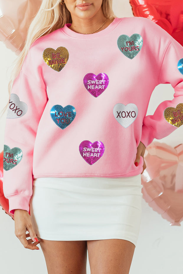 Pink Sequin Romantic Letters Heart Graphic Valentines Sweatshirt