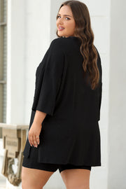 Color black Solid Color Loose Tunic Top and Slim Shorts Set