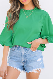 Green Frilly Round Neck Wide Half Sleeve Blouse