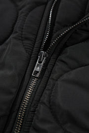 Black Quilted Drawstring Hooded Zip Up Puffer Vest