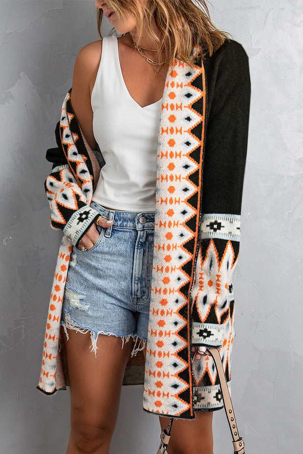 Black Aztec Print Open Front Knitted Cardigan