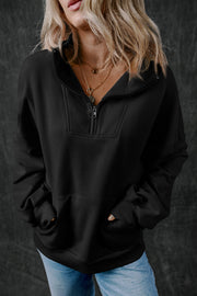 Black Zip-up Neck Kangaroo Pocket Sweatshirt