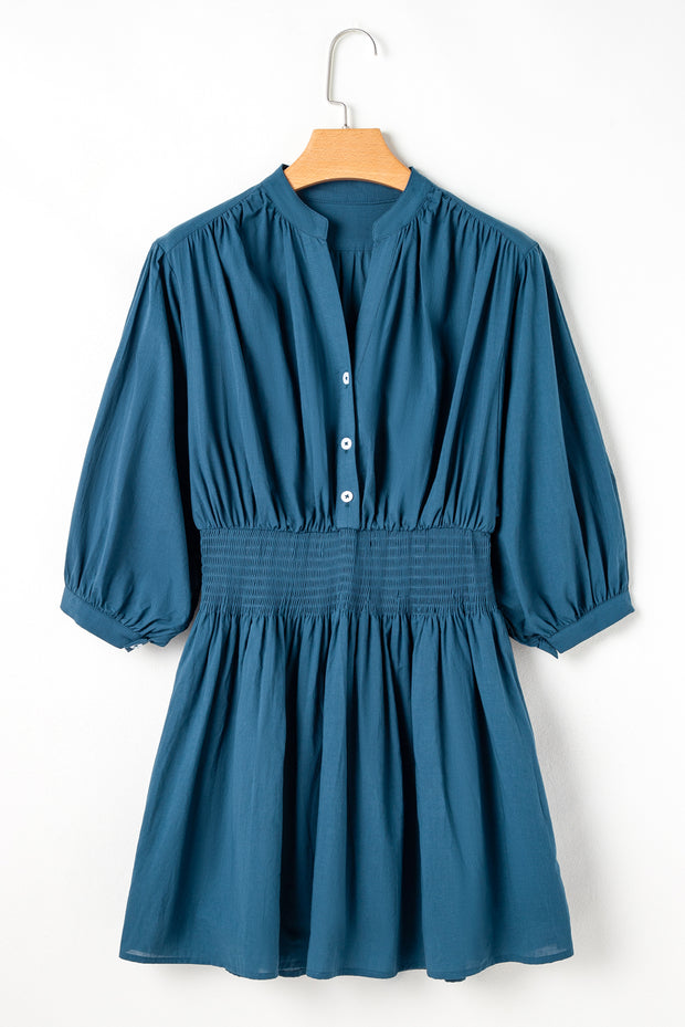 Blue 3/4 Sleeve Shirred High Waist Buttoned Mini Dress