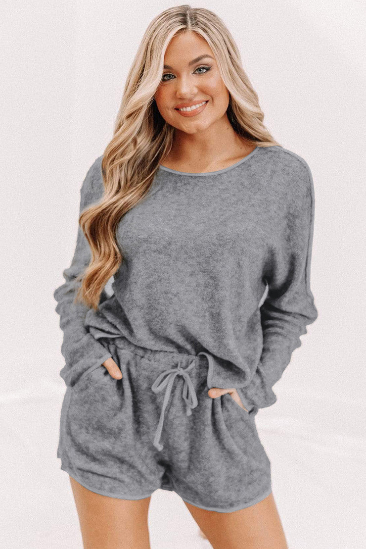 Gray Long Sleeve Top and Drawstring Shorts Lounge Set