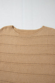 Pale Khaki Boat Neck Drop Shoulder Pointelle Knit Sweater