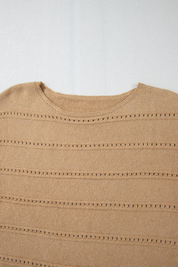 Pale Khaki Boat Neck Drop Shoulder Pointelle Knit Sweater