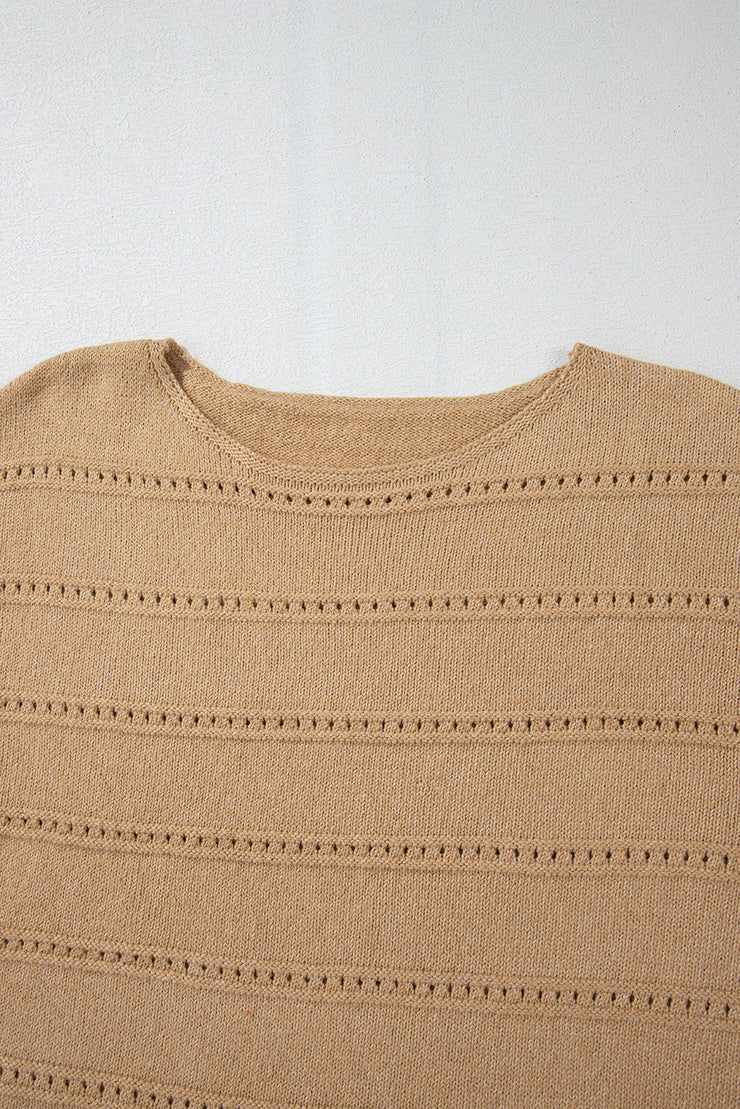 Pale Khaki Boat Neck Drop Shoulder Pointelle Knit Sweater