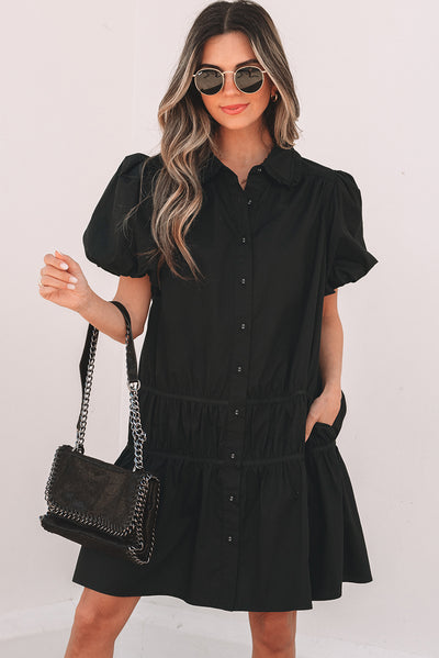Black Puff Sleeve Ruffle Hem Dress