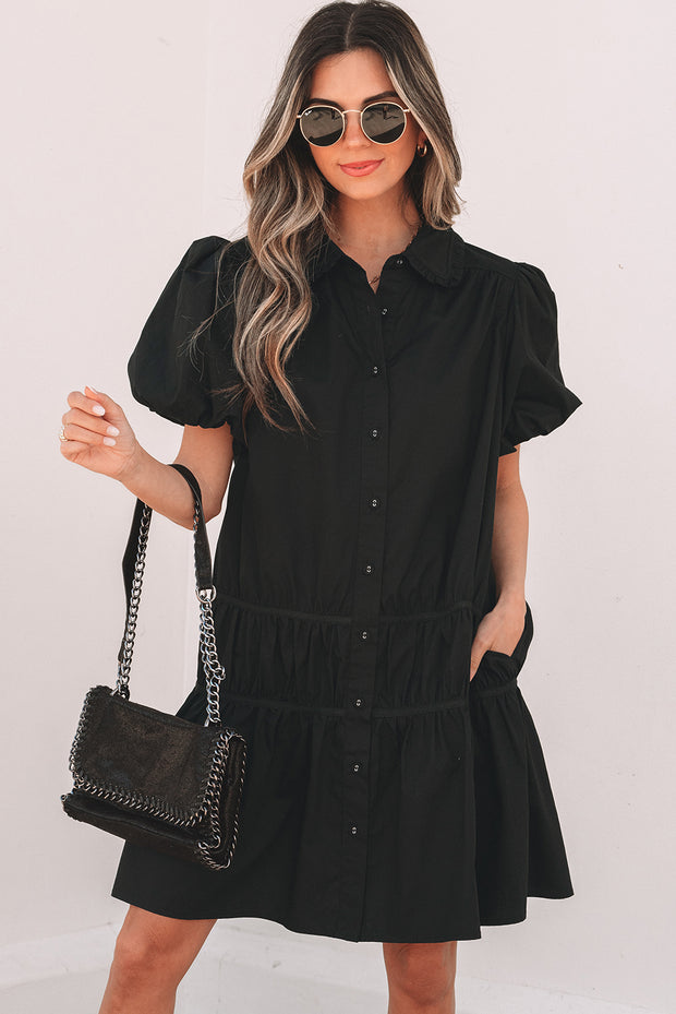 Black Puff Sleeve Ruffle Hem Dress