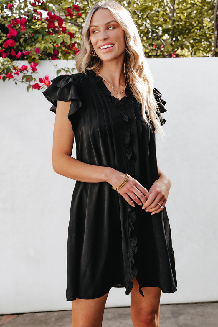 Black Ruffle Sleeve V Neck Frilled Shift Dress