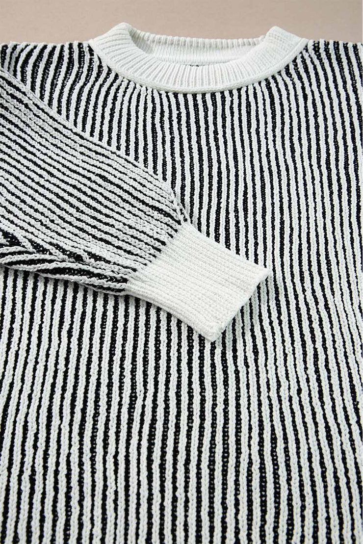 Black Striped Textured Knit Contrast Edge Loose Sweater