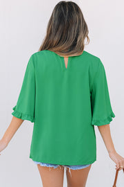 Green Frilly Round Neck Wide Half Sleeve Blouse