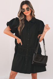 Black Puff Sleeve Ruffle Hem Dress