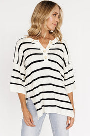 White Stripe Henley Buttoned Placket Drop Shoulder Bracelet Sleeve Knit Sweater Tee