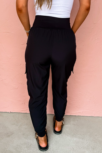 Black Elastic High Waist Pocketed Cargo Joggers