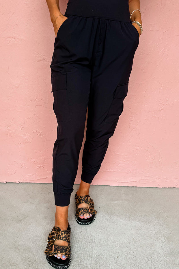 Black Elastic High Waist Pocketed Cargo Joggers