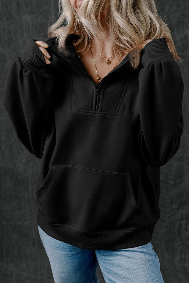 Black Zip-up Neck Kangaroo Pocket Sweatshirt