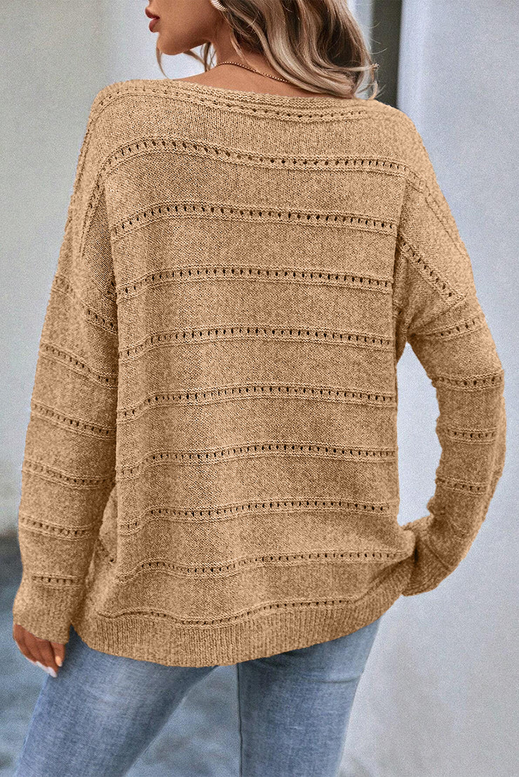 Pale Khaki Boat Neck Drop Shoulder Pointelle Knit Sweater