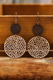 Khaki Hollow Out Wooden Round Drop Earrings