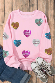 Pink Sequin Romantic Letters Heart Graphic Valentines Sweatshirt