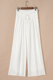 White Solid Drop Waist Pleated Wide Leg Casual Pants