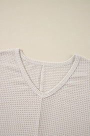 White Waffle Knit Side Slits Loose Fit V Neck Top