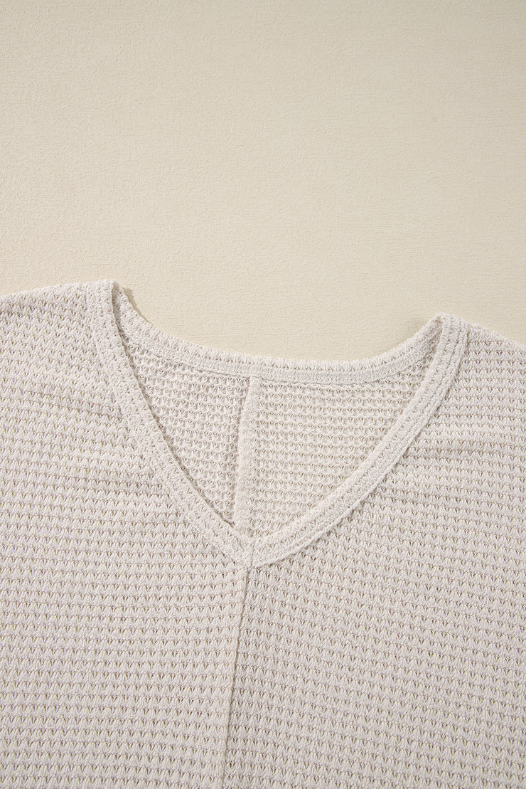 White Waffle Knit Side Slits Loose Fit V Neck Top