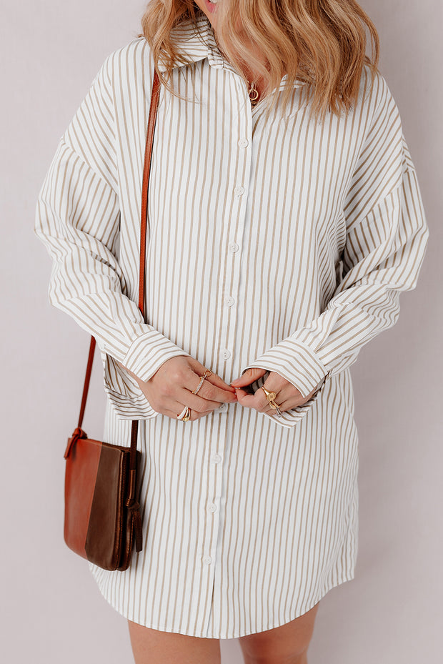 Khaki Stripe Long Sleeve Button Up Mini Shirt Dress