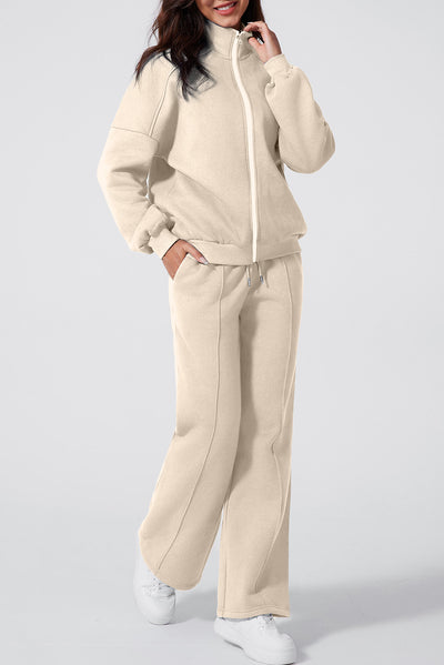 Beige Drop Shoulder Zip Up Jacket Drawstring Pants Active 2pcs Set