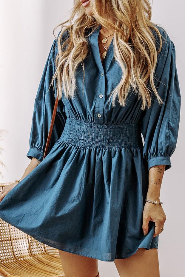 Blue 3/4 Sleeve Shirred High Waist Buttoned Mini Dress