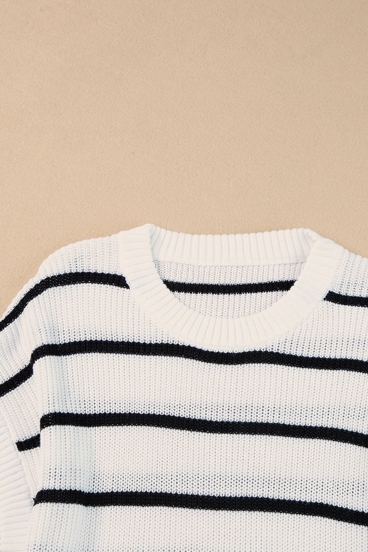 White Stripe Round Neck Batwing Sleeve Sweater