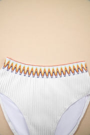 White Textured Contrast Banding Bikini High Waist 2pcs Swimsuit