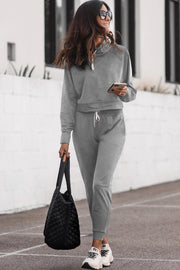 Gray Drawstring Hoodie and High Waist Pants Lounge Set