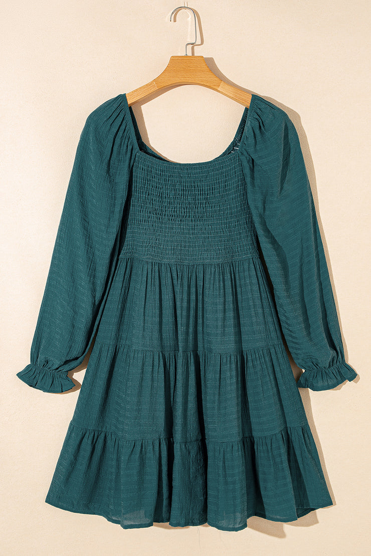 Mist Green Bishop Sleeve Smocked Tiered Mini Dress