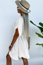 White Pom Pom Trim Drawstring Crochet Waist Beach Cover Up