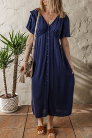 Navy Blue V Neck Midi Dress