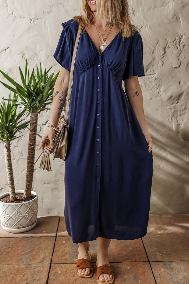 Navy Blue V Neck Midi Dress