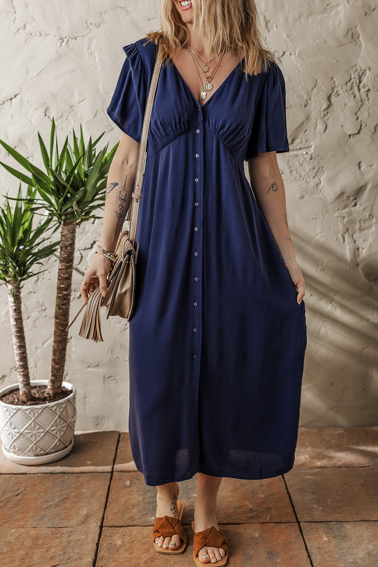 Navy Blue V Neck Midi Dress