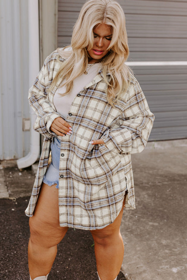 White Plaid Print Tunic Plus Size Shacket with Slits