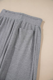 Gray Waffle Knit Drawstring High Waist Wide Leg Pants