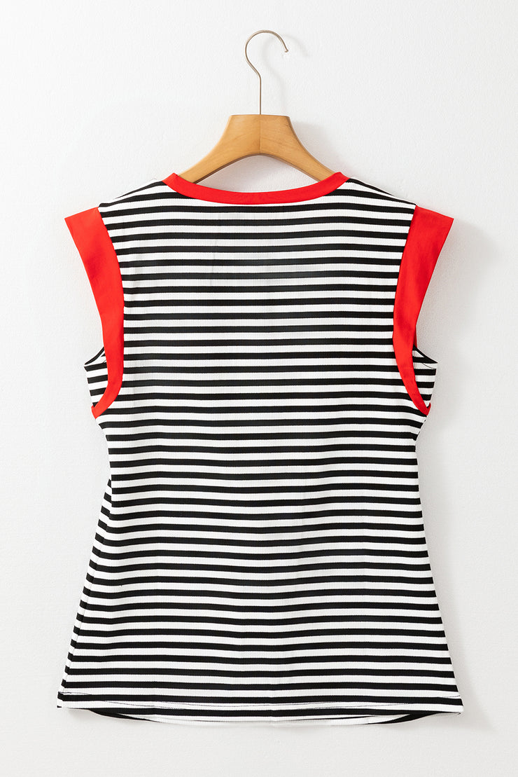 Black Stripe Colorblock Edge Round Neck Tank Top