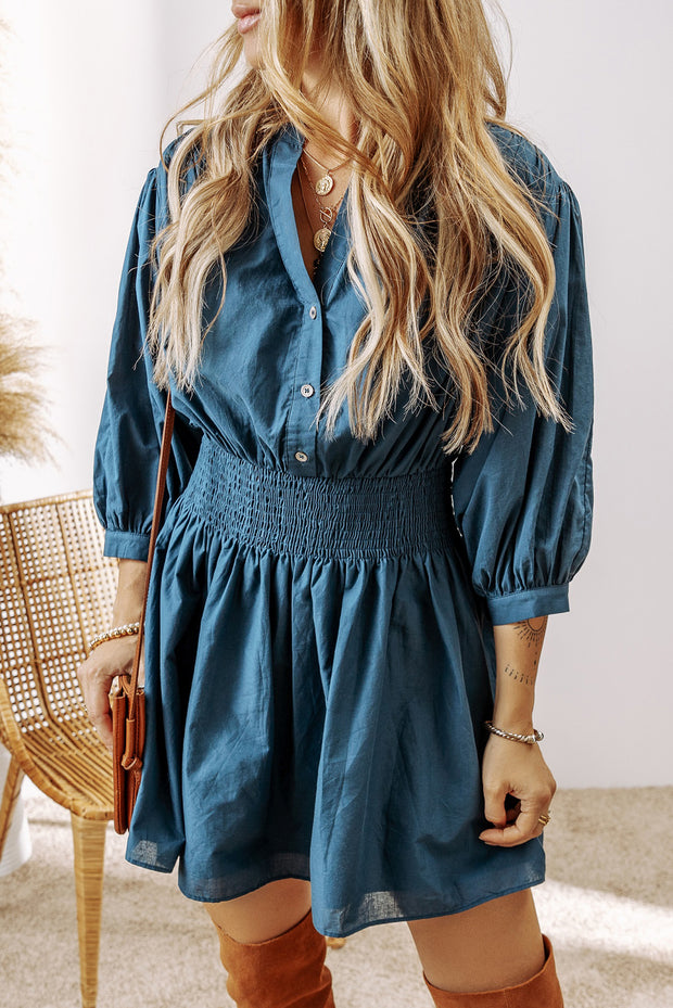 Blue 3/4 Sleeve Shirred High Waist Buttoned Mini Dress