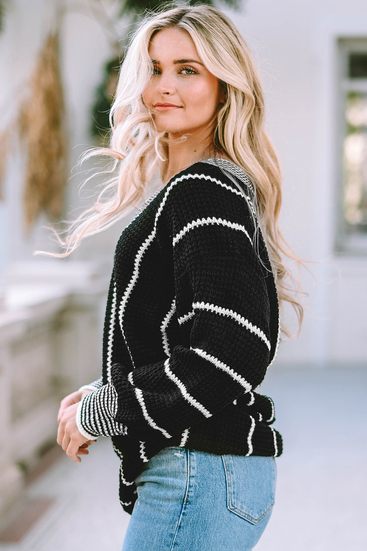 Black Colorblock Striped V Neck Knitted Loose Sweater