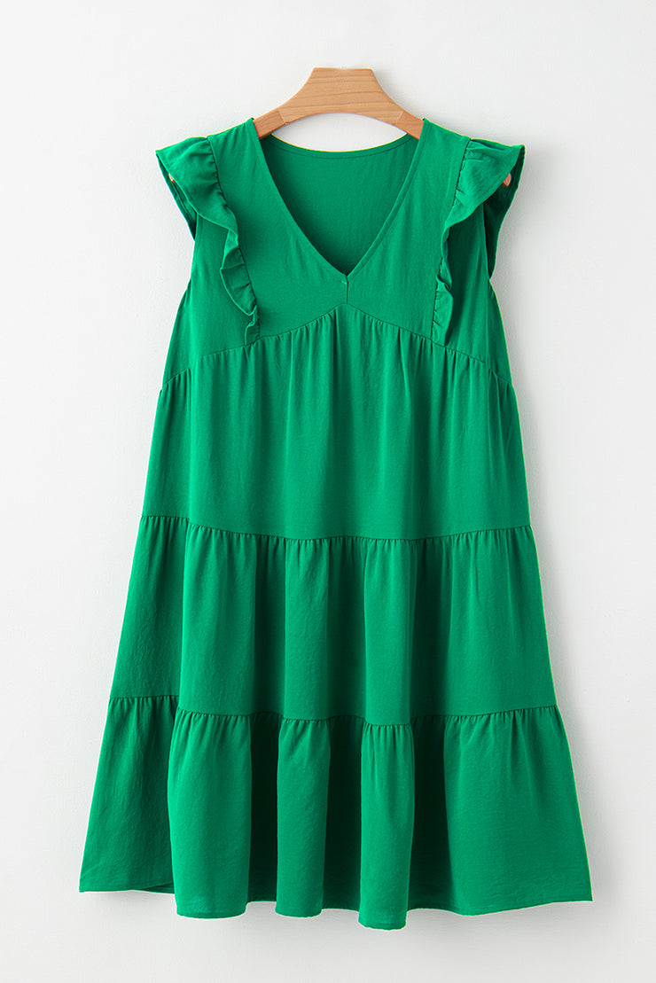 Green Solid Color V Neck Ruffle Tiered Mini Dress