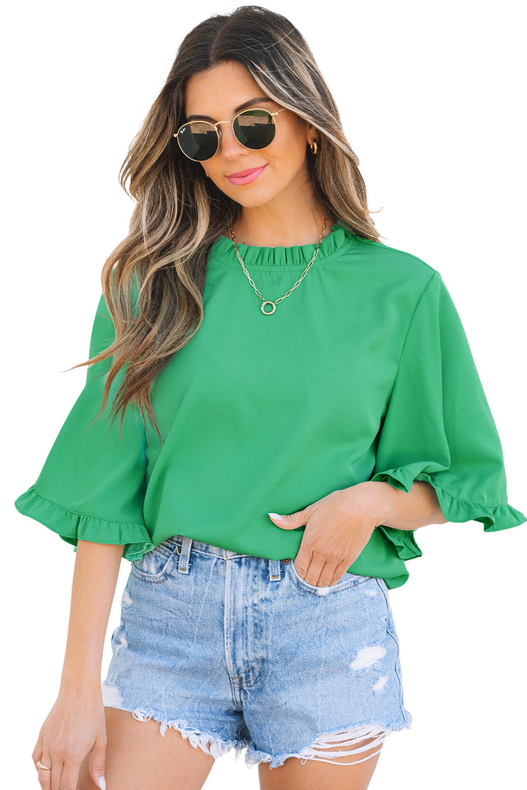 Green Frilly Round Neck Wide Half Sleeve Blouse