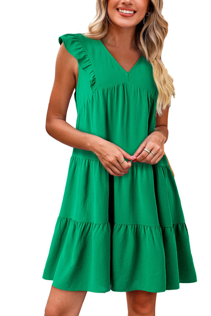 Green Solid Color V Neck Ruffle Tiered Mini Dress